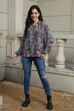 Tie Neck Heathered Balloon Sleeve Blouse Multicolor Woman Blouses