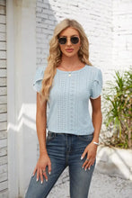Eyelet Round Neck Petal Sleeve T-Shirt Woman T Shirts