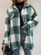 Plaid Collared Neck Dropped Shoulder Shacket Turquoise Woman Outerwear