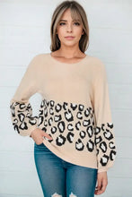 Round Neck Leopard Print Stitched Long-Sleeved Sweater Tan Sweater Pullovers