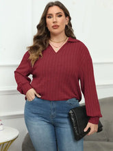 Plus Size Ribbed Collared Neck Long Sleeve Blouse Woman Blouses