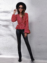 Plaid V-Neck Balloon Sleeve Peplum Blouse Woman Blouses