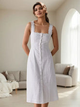 Lace Trim Button Front Square Neck Midi Dress White Casual Dresses