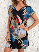 Printed V-Neck Short Sleeve Mini Dress Peacock Blue Woman Dress