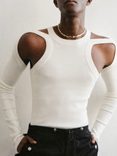 Men's Full Size Cutout Round Neck Long Sleeve Top Plus Size White Mens Tops