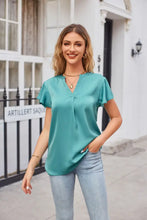 Notched Neck Flutter Sleeve Satin Top Teal Woman T Shirts