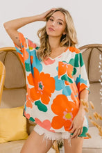 BiBi Floral V Neck Slit Side T-Shirt Cream Orange Blue Woman T Shirts