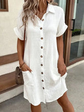 Casual Button Down Cotton Shirt Dress with Pockets Woman Casual Dress