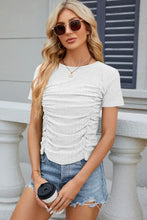 Eyelet Ruched Round Neck Short Sleeve T-Shirt White Woman T Shirts