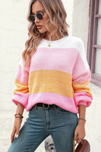 Round Neck Color Block Ribbed Pullover Sweater Blush Pink Sweater Pullovers