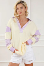 Striped Contrast Johnny Collar Dropped Shoulder Sweatshirt Light Yellow Woman Sweatshirts
