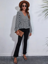Checkered V-Neck Balloon Sleeve Peplum Blouse Woman Blouses