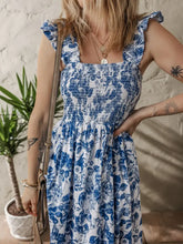 Floral Ruffle Strap Square Neck Smocked Bodice Midi Dress Woman Casual Dress