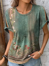 Printed round neck short sleeve t-shirt with floral cut-out shoulders