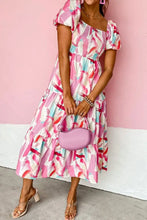 Geometric Print Puff Sleeve Square Neck Midi Dress Casual Dresses