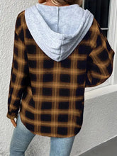 Plaid Drawstring Button Up Hooded Jacket Woman Outerwear