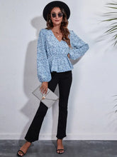 Floral V-Neck Balloon Sleeve Peplum Blouse Woman Blouses