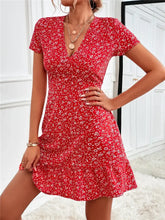 Printed Ruffled Hem V-Neck Short Sleeve Mini Dress Red Floral Woman Casual Dress