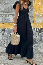 V Neck Ruffled Cap Sleeve Smocked Maxi Dress Black Woman Maxi Dress