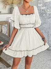 Square Neck Ruffle Trim Mini Dress Beige Woman Casual Dress