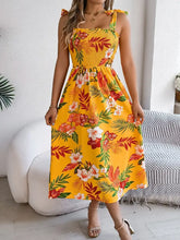 Smocked Floral Tie Shoulder Midi Dress Woman Casual Dress