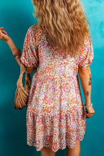 Floral Puff Sleeve Notched Tiered Mini Dress Woman Casual Dress