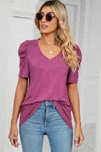 Heathered V-Neck Puff Sleeve T-Shirt Woman T Shirts