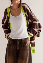 Contrast Stripes Button Down Long Sleeve Cardigan Coffee Brown Woman Outerwear