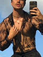 Men's Full Size Lace Long Sleeve Sheer Shirt Plus Size Black Mens Tops