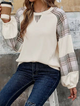 Perfee Plaid Round Neck Long Sleeve Sweatshirt Cream Woman Sweatshirts