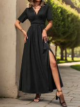 Perfee Lace Detail Slit V-Neck Short Sleeve Dress Black Maxi Dresses