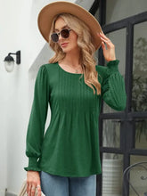 Smocked Round Neck Lantern Sleeve Blouse Woman Blouses