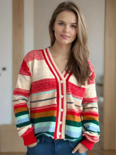 Striped Button Down V-Neck Long Sleeve Cardigan Multicolor One Size Woman Outerwear