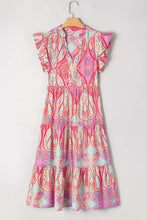 Tribal Paisley Print Ruffled Sleeve Notch Neck Midi Dress Casual Dresses