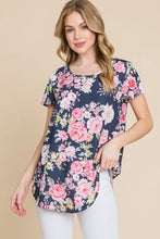 BOMBOM Floral Round Neck Short Sleeve T-Shirt Navy Woman T Shirts