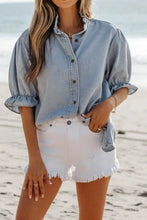 Ruffle Short Puff Sleeve Button Down Denim Shirt Light Blue Woman Denim Tops