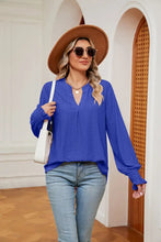 Notched Neck Flounce Sleeve Blouse Royal Blue Woman Blouses