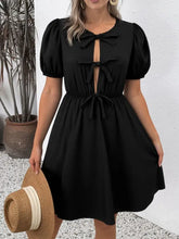 Tie Front Puff Sleeve Mini Dress Black Casual Dresses