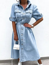 Full Size Button Down Roll-Up Sleeve Denim Shirt Dress Plus Size Light Blue Woman Dress