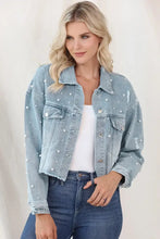 Distressed Pearl Trim Button Up Denim Jacket Woman Outerwear