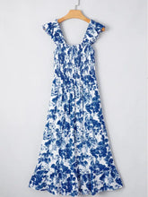 Floral Ruffle Strap Square Neck Smocked Bodice Midi Dress Woman Casual Dress