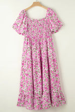 Plus Size Smocked Printed Square Neck Short Sleeve Dress Woman Maxi Dress