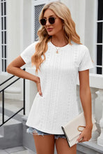 Eyelet Slit Round Neck Short Sleeve T-Shirt White Woman T Shirts