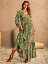 Printed Tie Neck Long Sleeve Dress Matcha Green Woman Maxi Dress