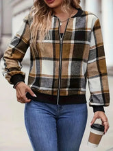 Plus Size Plaid Baseball Collar Zip Up Jacket Woman Outerwear