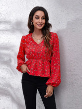 Floral V-Neck Balloon Sleeve Peplum Blouse Deep Red Woman Blouses