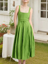 Square Neck Sleeveless Midi Swing Dress Matcha Green Casual Dresses