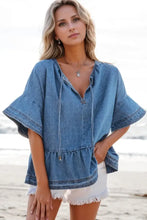 Tie Neck Ruffled Half Sleeve Denim Top Medium Woman Denim Tops