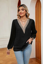 Swiss Dot Contrast V-Neck Blouse Black Woman Blouses