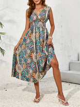 Smocked Printed Surplice Sleeveless Midi Dress Woman Casual Dress